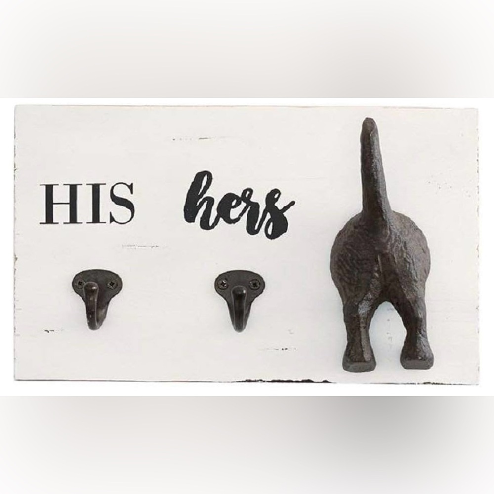 NWT NEW Mud Pie His & Hers & Pup Doggy Wall Hooks Wood Cast Iron Distressed